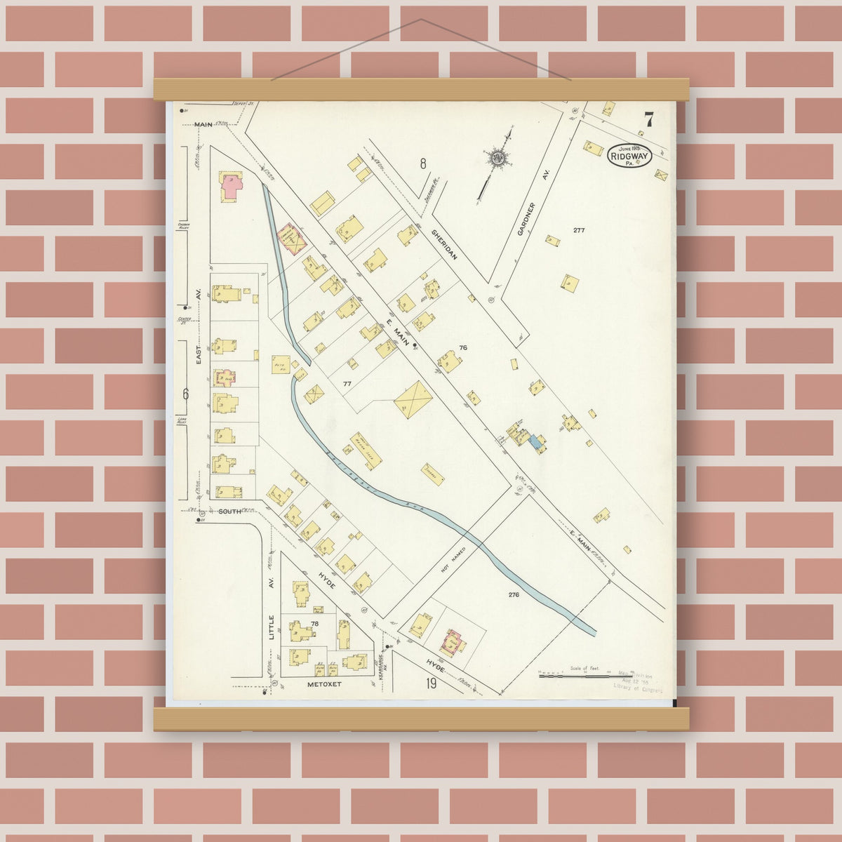 Old map wall art mockup — magnetic wood frame on brick wall — Sanborn Fire Insurance Map from Ridgway, Elk County, Pennsylvania (1915), Sheet #0007
