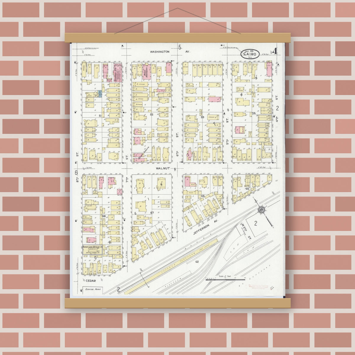Old map wall art mockup — magnetic wood frame on brick wall — Sanborn Fire Insurance Map from Cairo, Alexander County, Illinois (1914), Sheet #0004