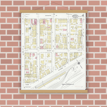 Old map wall art mockup — magnetic wood frame on brick wall — Sanborn Fire Insurance Map from Cairo, Alexander County, Illinois (1914), Sheet #0004