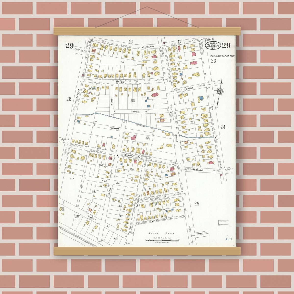 Old map wall art mockup — magnetic wood frame on brick wall — Sanborn Fire Insurance Map from Oneida, Madison County, New York (1923), Sheet #0029