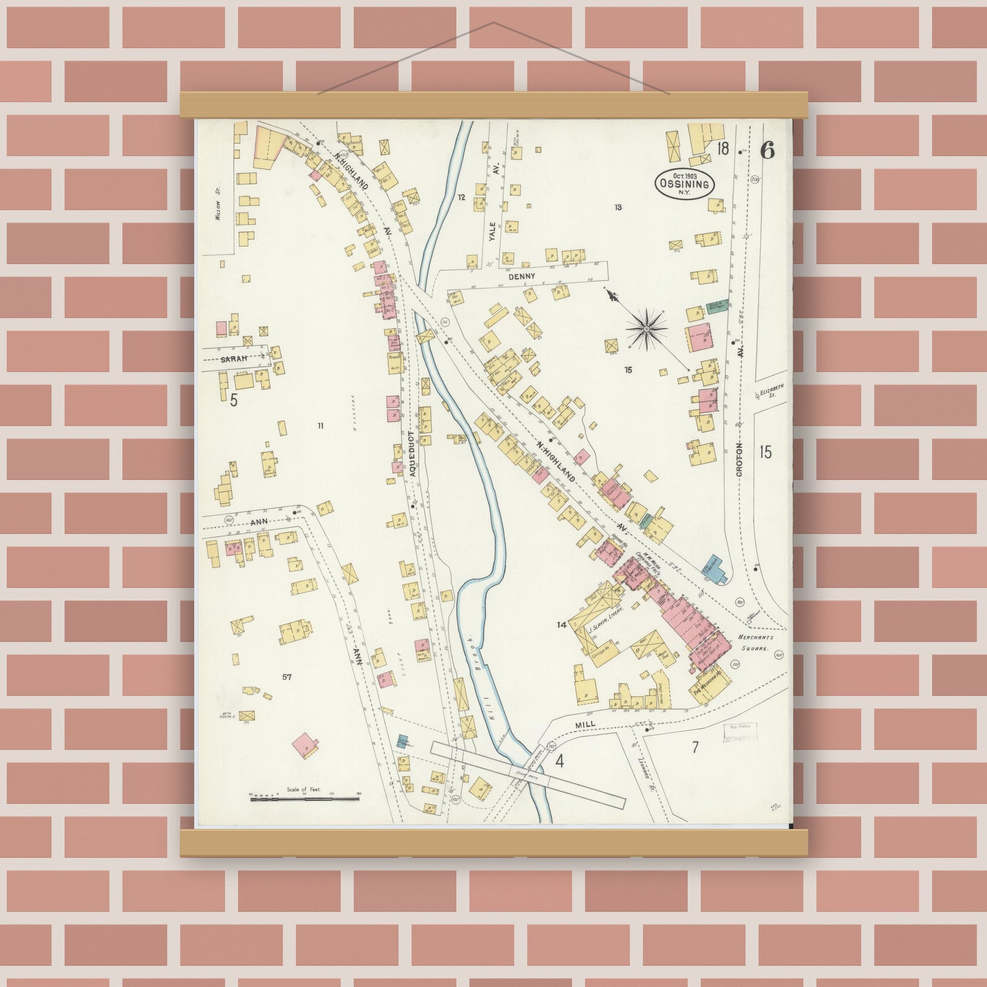 Old map wall art mockup — magnetic wood frame on brick wall — Sanborn Fire Insurance Map from Ossining, Westchester County, New York (1903), Sheet #0006