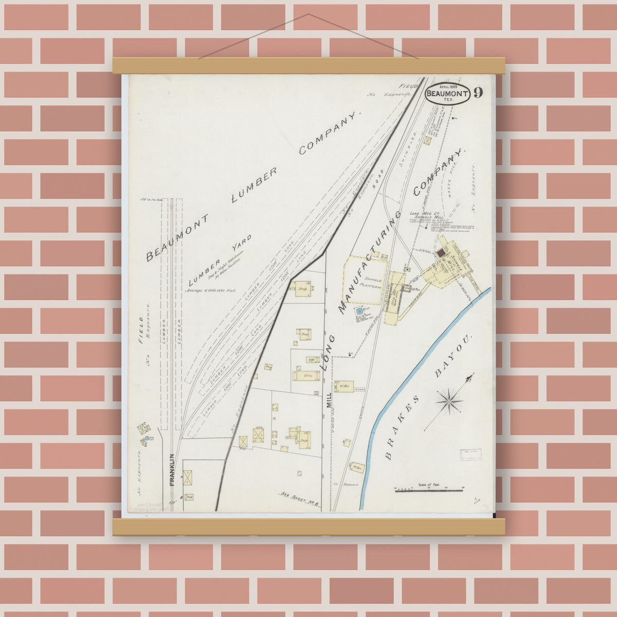 Old map wall art mockup — magnetic wood frame on brick wall — Sanborn Fire Insurance Map from Beaumont, Jefferson County, Texas (1889), Sheet #0009