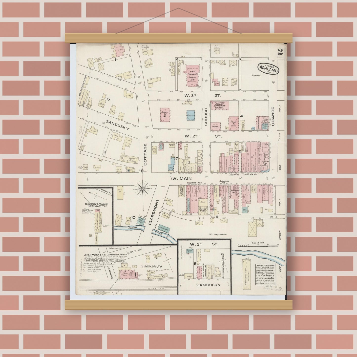 Old map wall art mockup — magnetic wood frame on brick wall — Sanborn Fire Insurance Map from Ashland, Ashland County, Ohio (1884), Sheet #0002