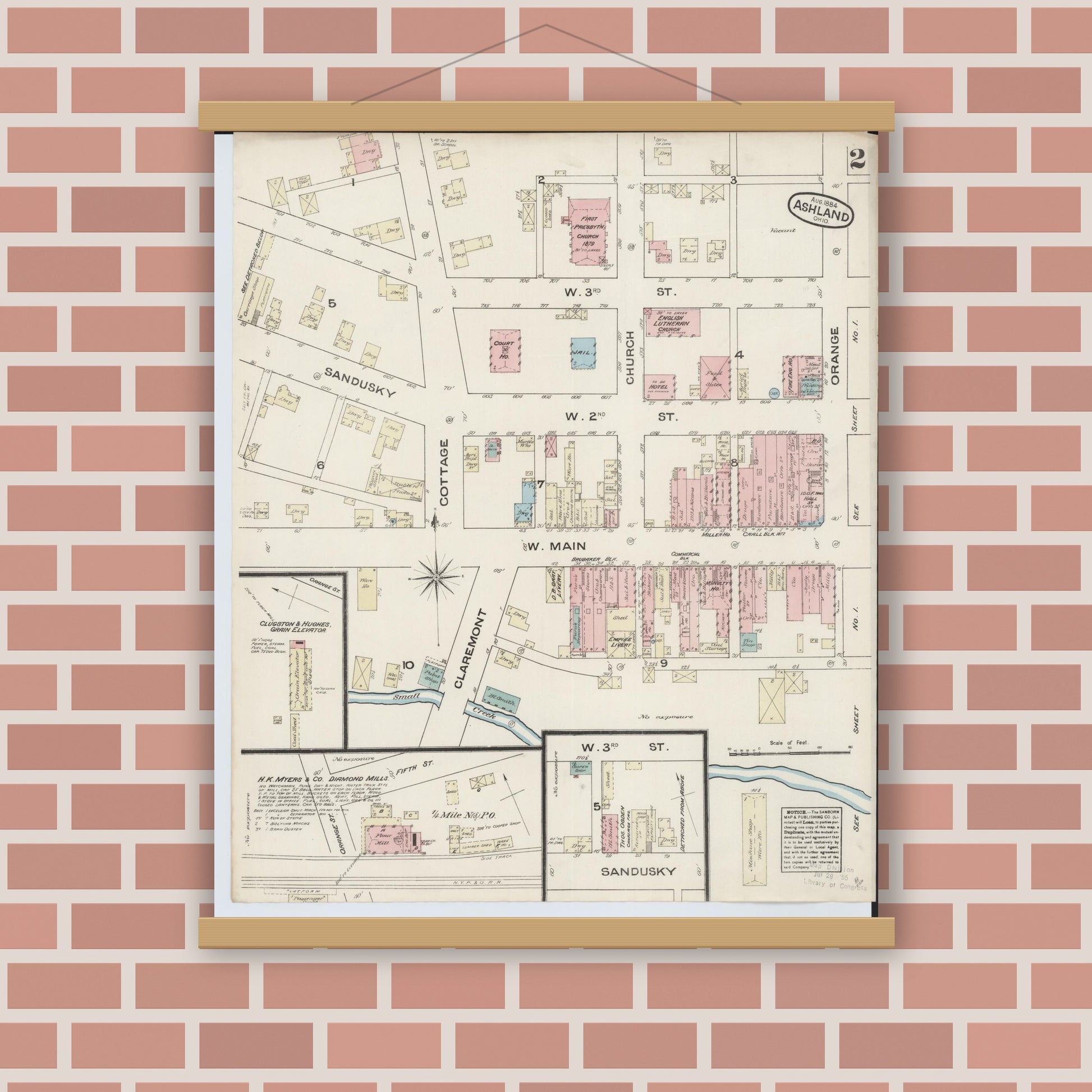 Old map wall art mockup — magnetic wood frame on brick wall — Sanborn Fire Insurance Map from Ashland, Ashland County, Ohio (1884), Sheet #0002