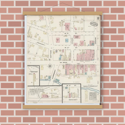 Old map wall art mockup — magnetic wood frame on brick wall — Sanborn Fire Insurance Map from Ashland, Ashland County, Ohio (1884), Sheet #0002