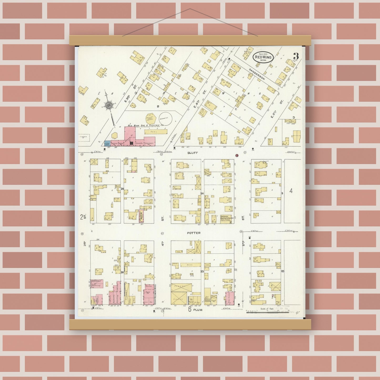 Old map wall art mockup — magnetic wood frame on brick wall — Sanborn Fire Insurance Map from Red Wing, Goodhue County, Minnesota (1910), Sheet #0003