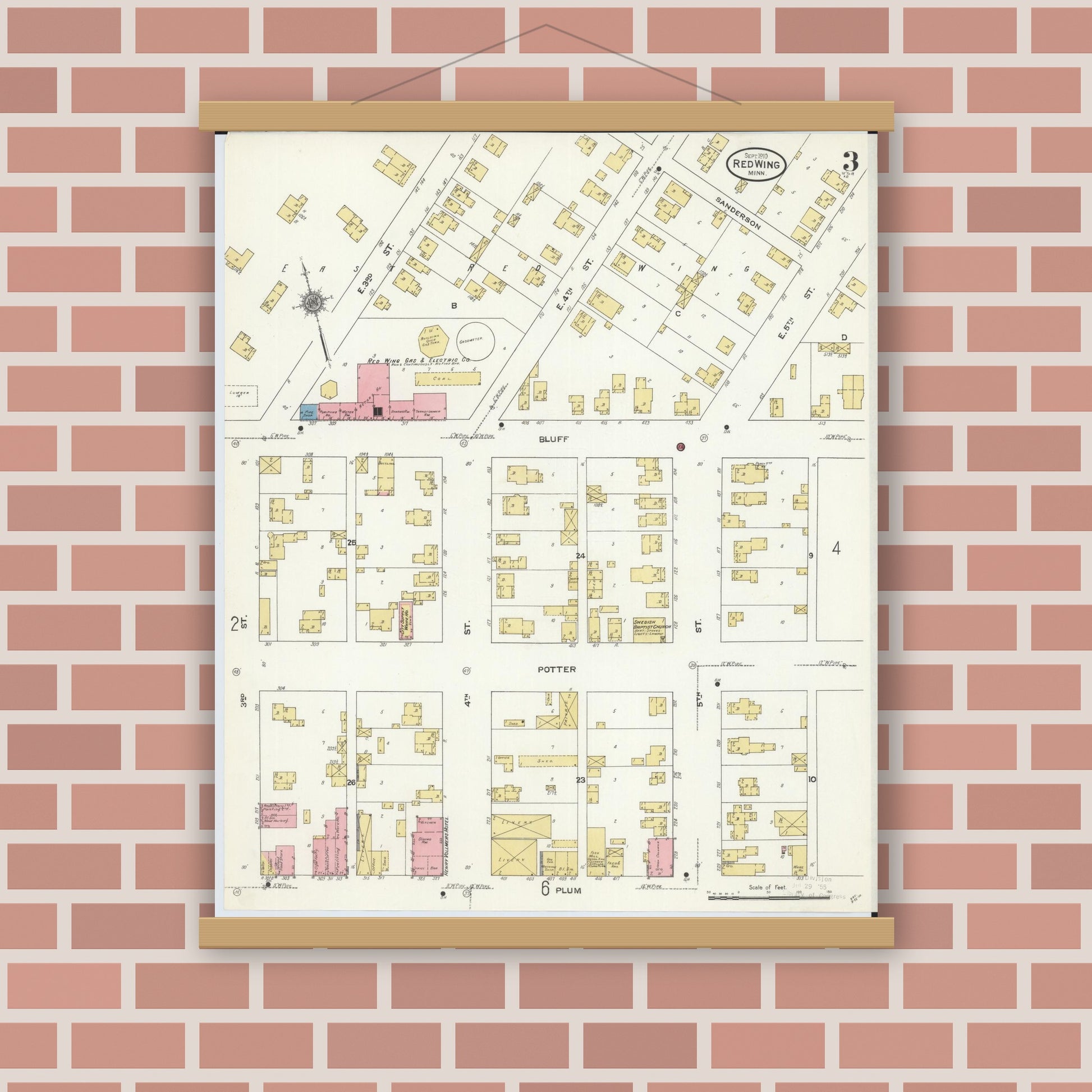 Old map wall art mockup — magnetic wood frame on brick wall — Sanborn Fire Insurance Map from Red Wing, Goodhue County, Minnesota (1910), Sheet #0003