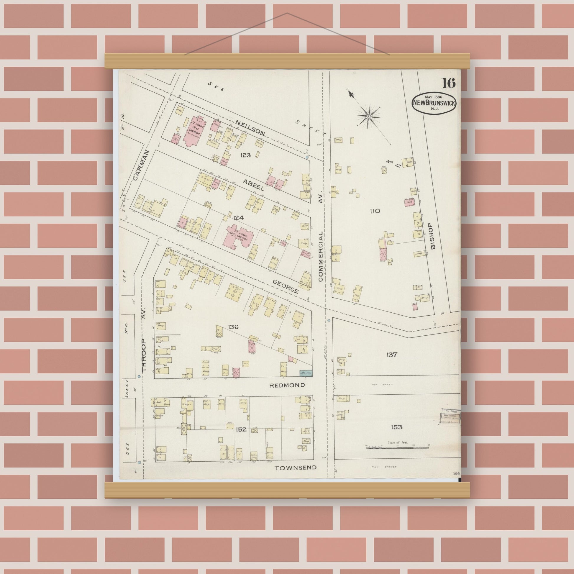 Old map wall art mockup — magnetic wood frame on brick wall — Sanborn Fire Insurance Map from New Brunswick, Middlesex County, New Jersey (1886), Sheet #0016