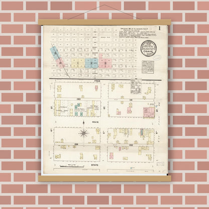 Old map wall art mockup — magnetic wood frame on brick wall — Sanborn Fire Insurance Map from Osage, Mitchell County, Iowa (1883), Sheet #0001