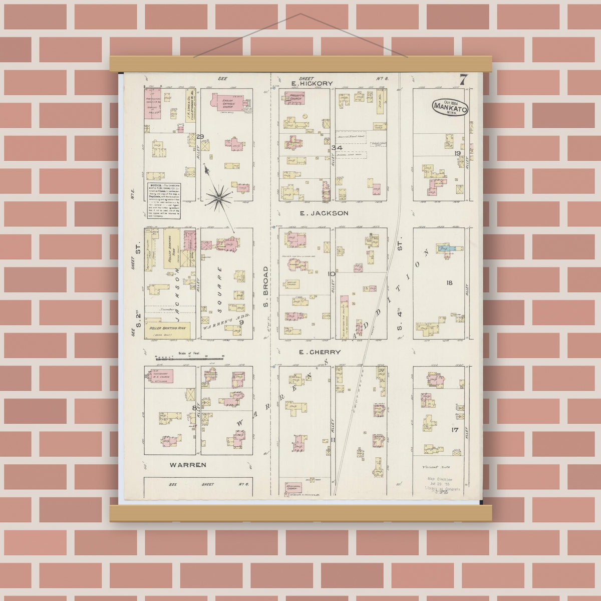 Old map wall art mockup — magnetic wood frame on brick wall — Sanborn Fire Insurance Map from Mankato, Blue Earth County, Minnesota (1884), Sheet #0007
