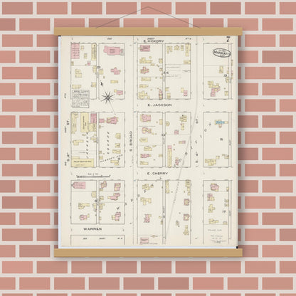 Old map wall art mockup — magnetic wood frame on brick wall — Sanborn Fire Insurance Map from Mankato, Blue Earth County, Minnesota (1884), Sheet #0007