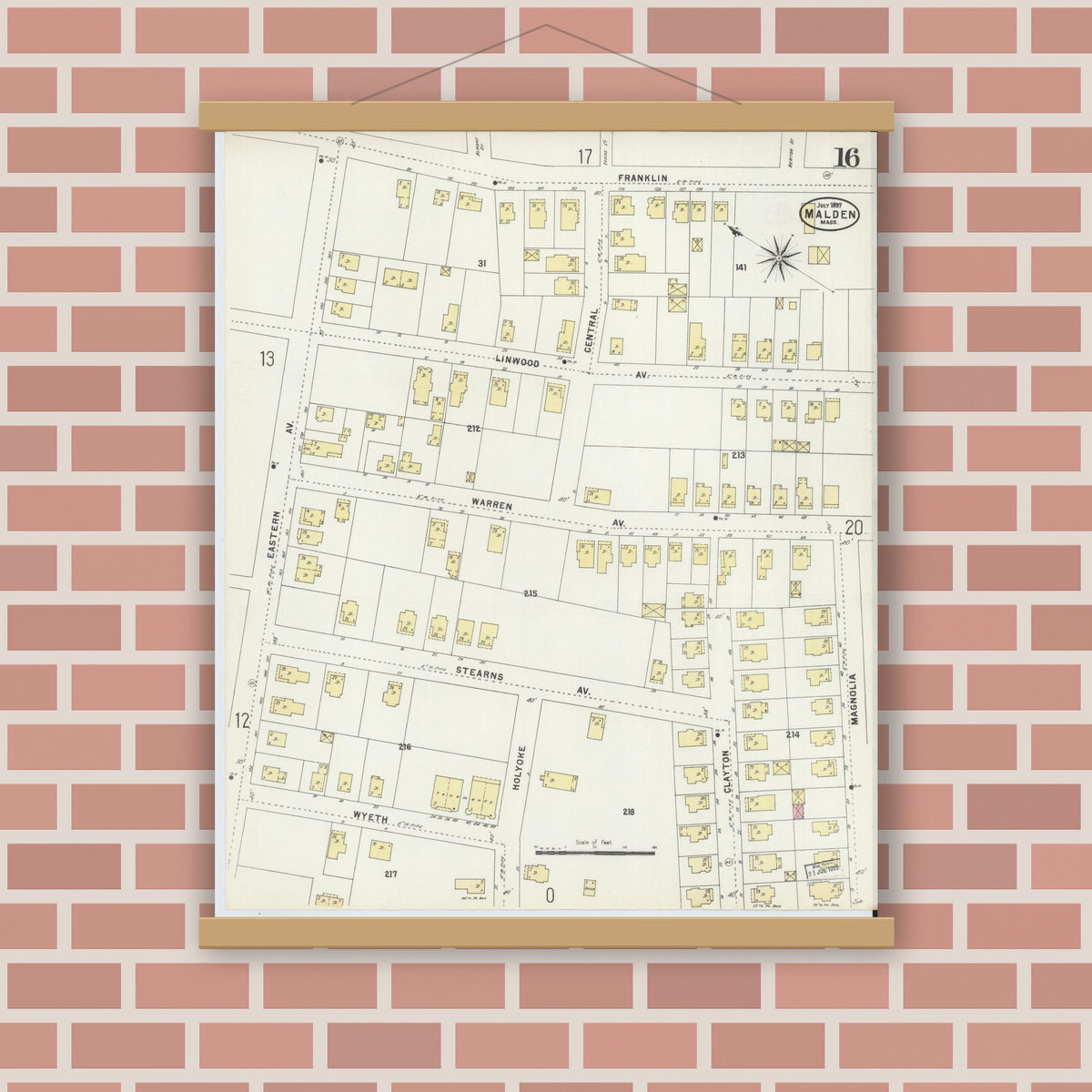Old map wall art mockup — magnetic wood frame on brick wall — Sanborn Fire Insurance Map from Malden, Middlesex County, Massachusetts (1897), Sheet #0016