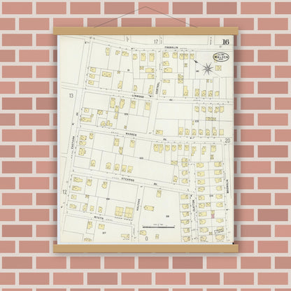 Old map wall art mockup — magnetic wood frame on brick wall — Sanborn Fire Insurance Map from Malden, Middlesex County, Massachusetts (1897), Sheet #0016
