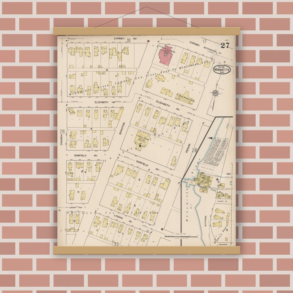 Old map wall art mockup — magnetic wood frame on brick wall — Sanborn Fire Insurance Map from Marinette, Marinette County, Wisconsin (1921), Sheet #0027