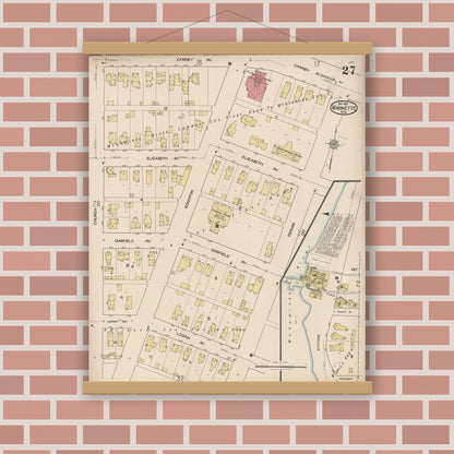 Old map wall art mockup — magnetic wood frame on brick wall — Sanborn Fire Insurance Map from Marinette, Marinette County, Wisconsin (1921), Sheet #0027