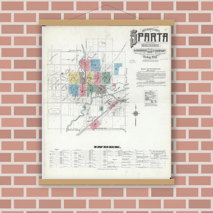 Old map wall art mockup — magnetic wood frame on brick wall — Sanborn Fire Insurance Map from Sparta, Monroe County, Wisconsin (1911) - Complete Map Set