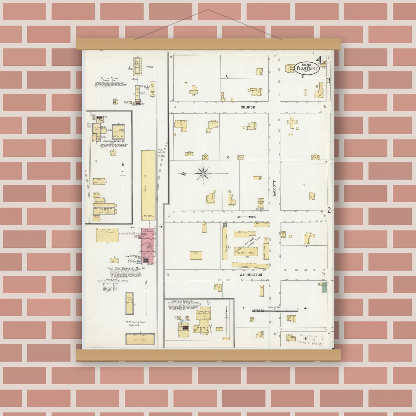 Old map wall art mockup — magnetic wood frame on brick wall — Sanborn Fire Insurance Map from Pilot Point, Denton County, Texas (1901), Sheet #0004