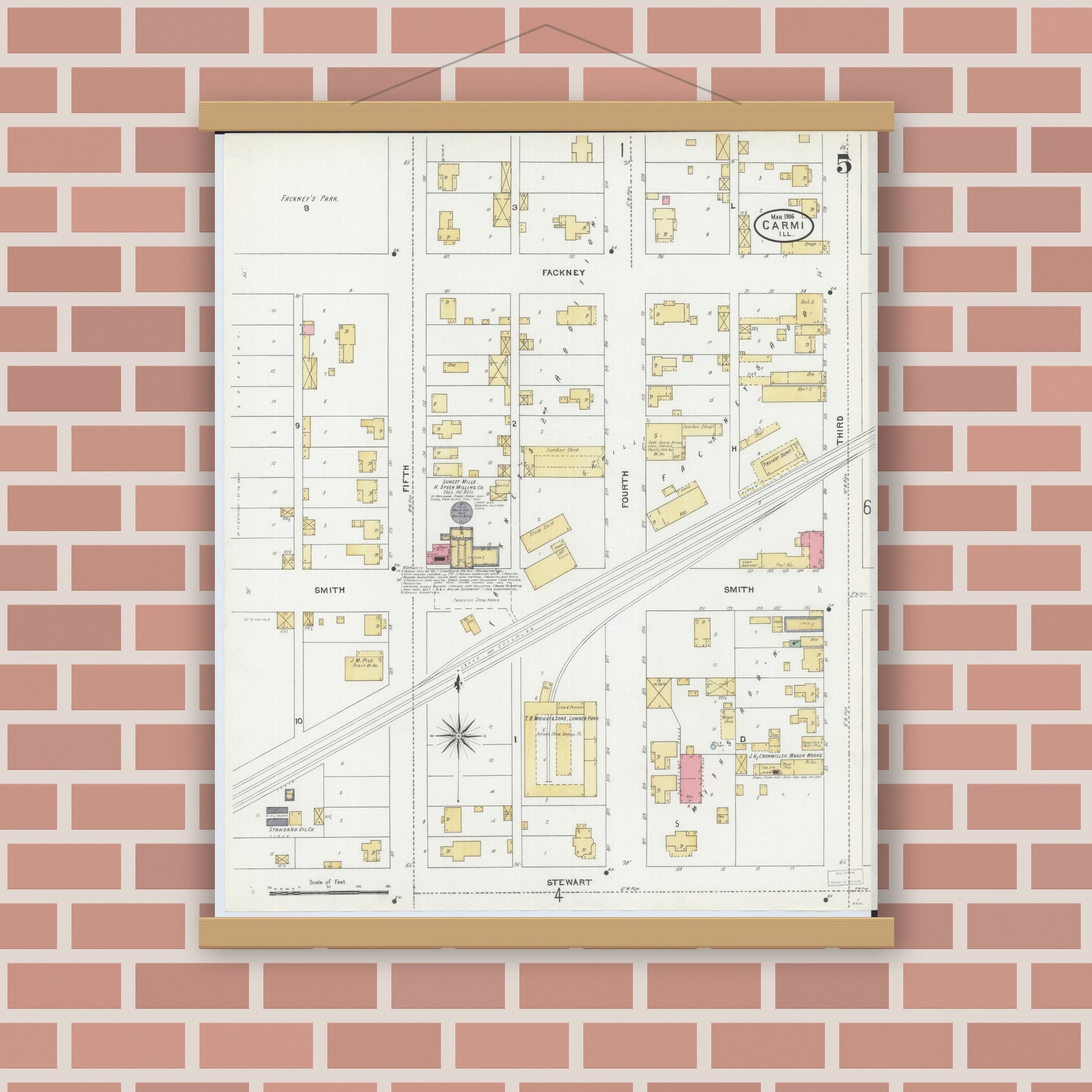 Old map wall art mockup — magnetic wood frame on brick wall — Sanborn Fire Insurance Map from Carmi, White County, Illinois (1906), Sheet #0005