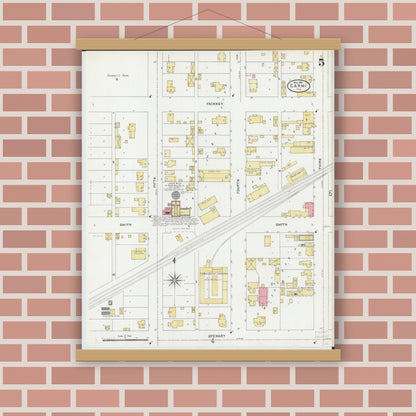 Old map wall art mockup — magnetic wood frame on brick wall — Sanborn Fire Insurance Map from Carmi, White County, Illinois (1906), Sheet #0005