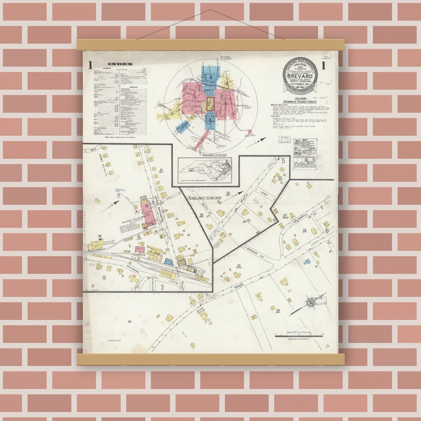 Old map wall art mockup — magnetic wood frame on brick wall — Sanborn Fire Insurance Map from Brevard, Transylvania County, North Carolina (1924), Sheet #0001