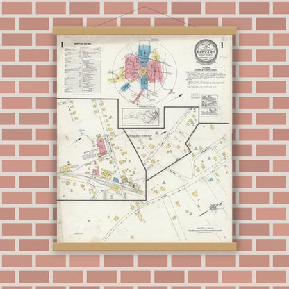 Old map wall art mockup — magnetic wood frame on brick wall — Sanborn Fire Insurance Map from Brevard, Transylvania County, North Carolina (1924), Sheet #0001