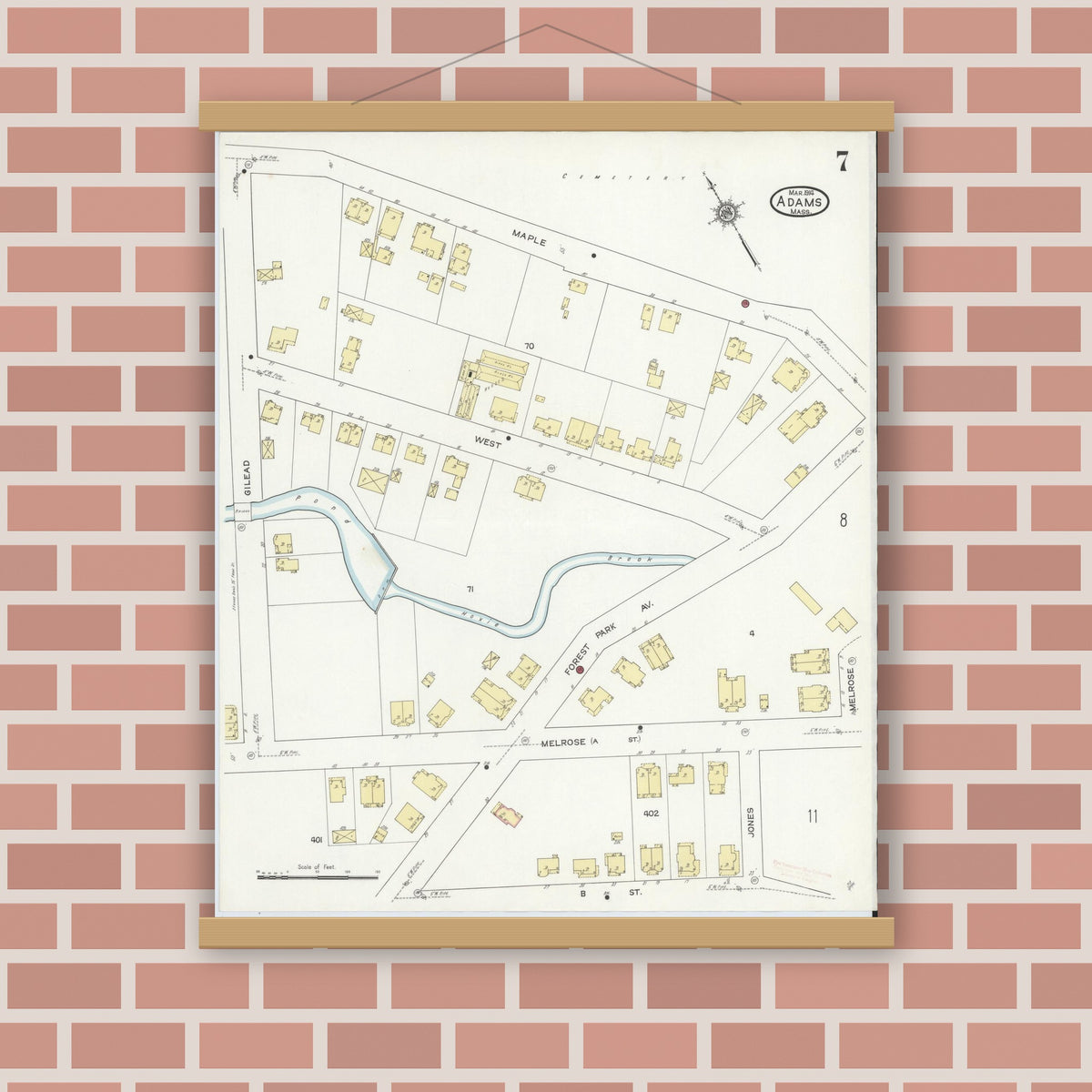 Old map wall art mockup — magnetic wood frame on brick wall — Sanborn Fire Insurance Map from Adams, Berkshire County, Massachusetts (1914), Sheet #0007