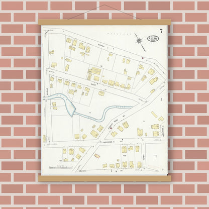 Old map wall art mockup — magnetic wood frame on brick wall — Sanborn Fire Insurance Map from Adams, Berkshire County, Massachusetts (1914), Sheet #0007