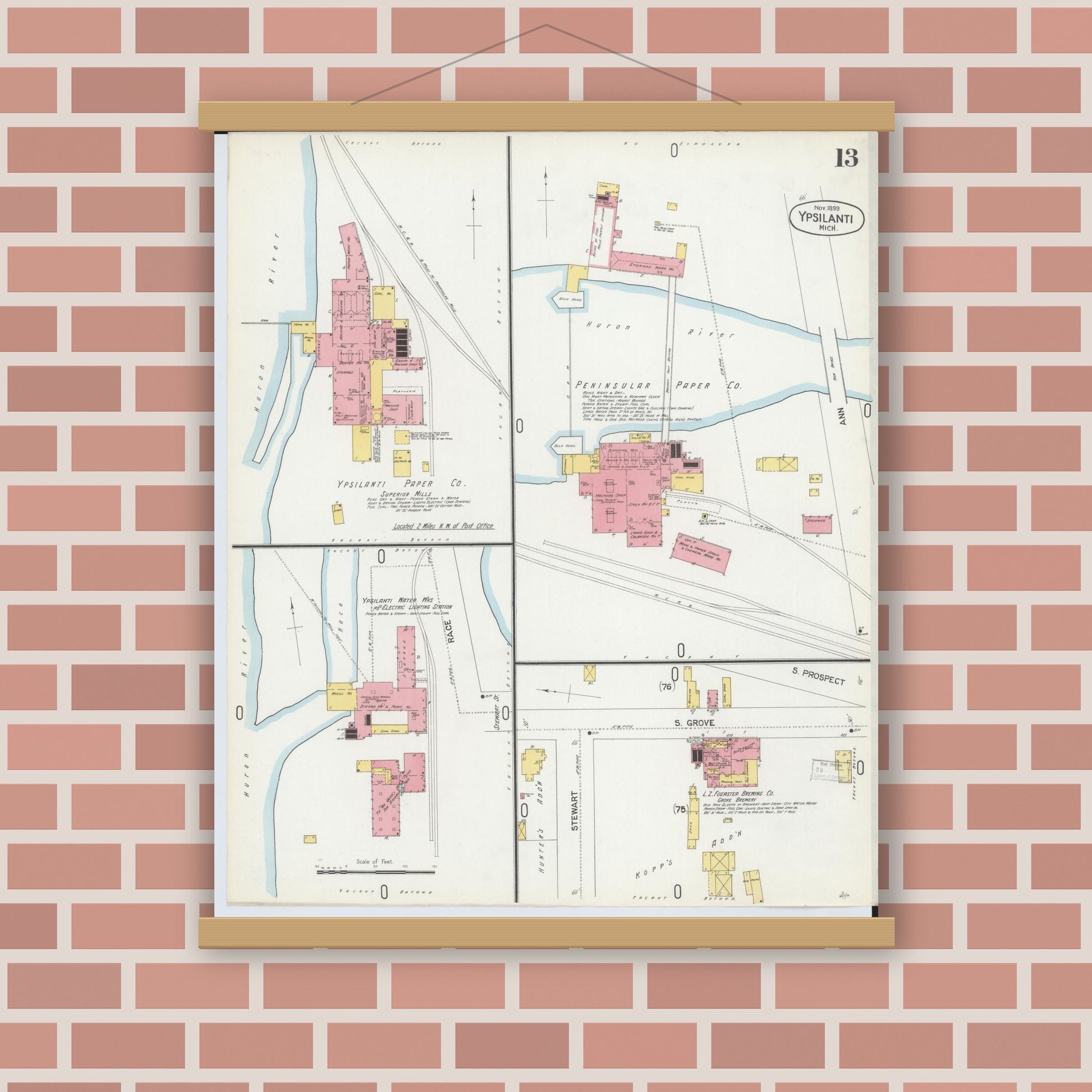 Old map wall art mockup — magnetic wood frame on brick wall — Sanborn Fire Insurance Map from Ypsilanti, Washtenaw County, Michigan (1899), Sheet #0013