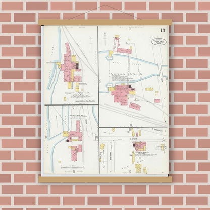 Old map wall art mockup — magnetic wood frame on brick wall — Sanborn Fire Insurance Map from Ypsilanti, Washtenaw County, Michigan (1899), Sheet #0013