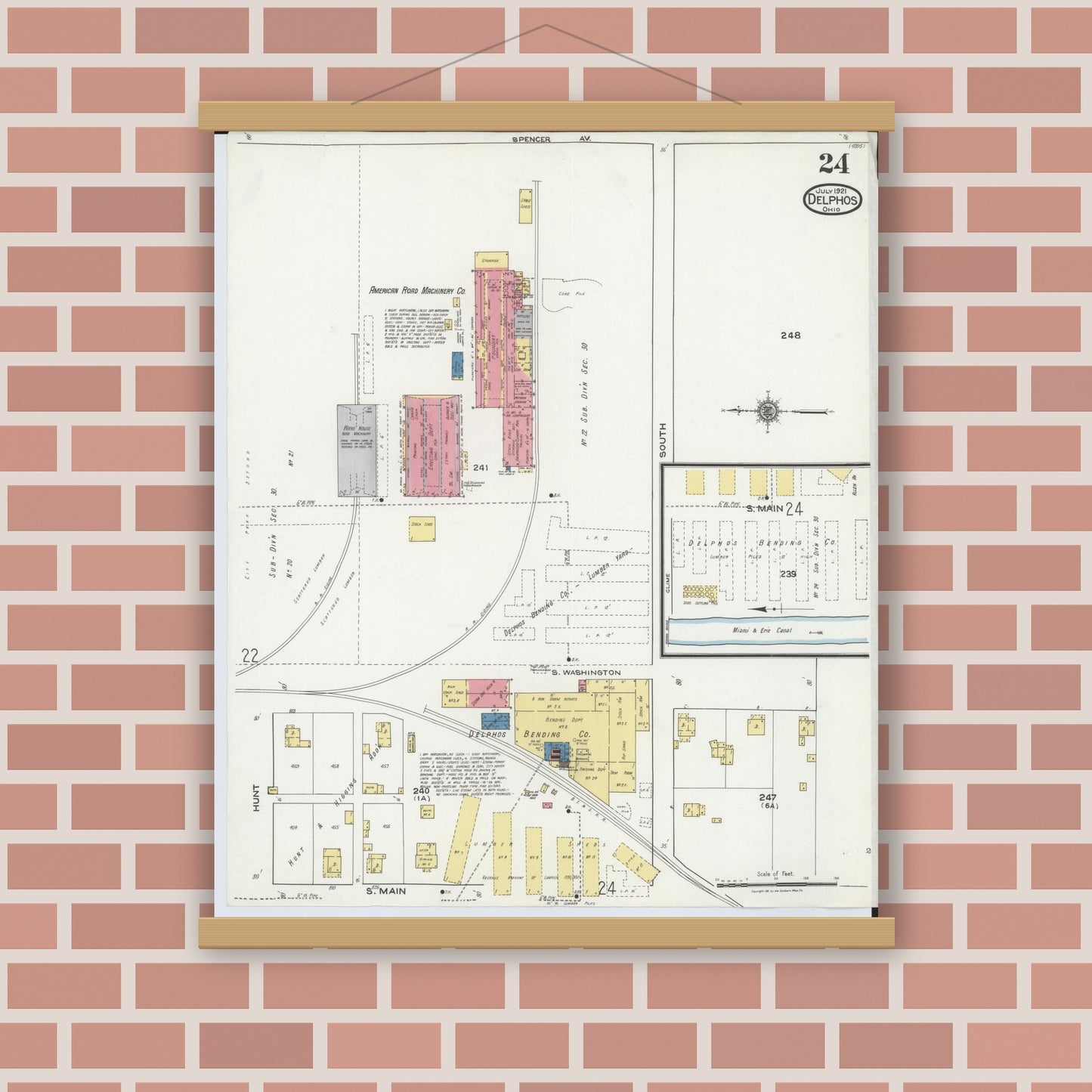 Old map wall art mockup — magnetic wood frame on brick wall — Sanborn Fire Insurance Map from Delphos, Van Wert And Allen Counties, Ohio (1921), Sheet #0024