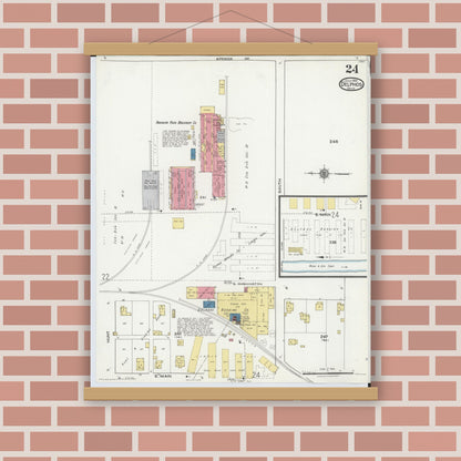 Old map wall art mockup — magnetic wood frame on brick wall — Sanborn Fire Insurance Map from Delphos, Van Wert And Allen Counties, Ohio (1921), Sheet #0024