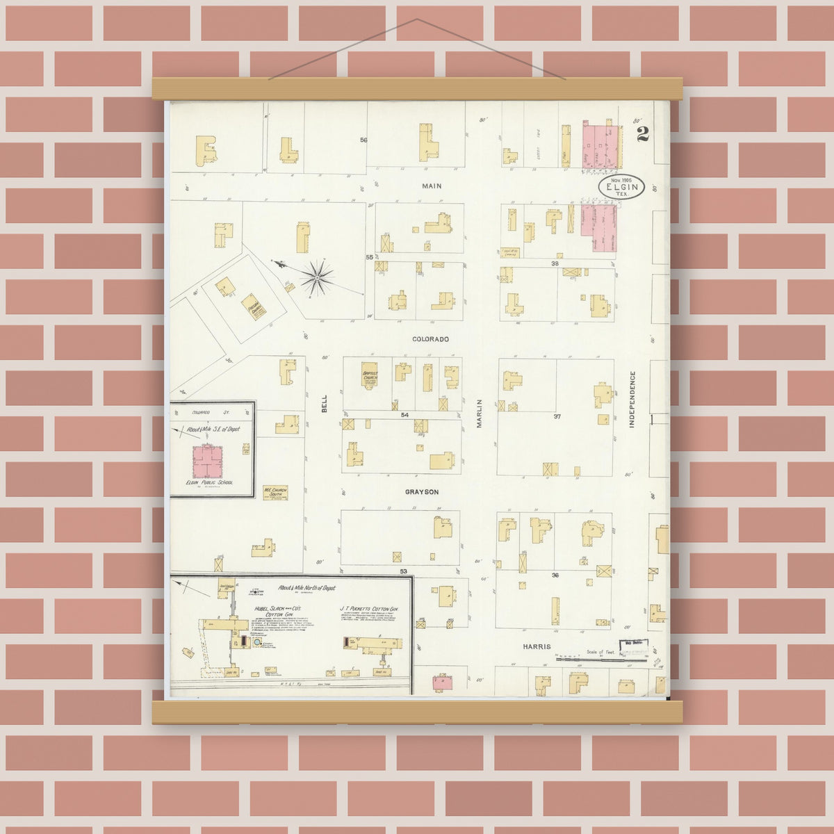 Old map wall art mockup — magnetic wood frame on brick wall — Sanborn Fire Insurance Map from Elgin, Bastrop County, Texas (1905), Sheet #0002