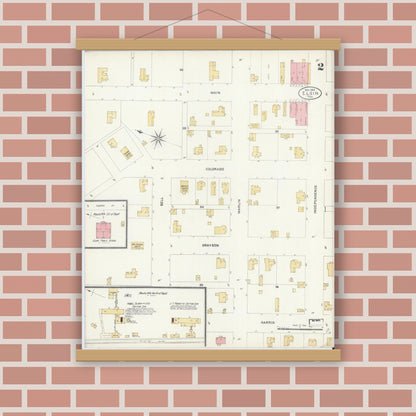 Old map wall art mockup — magnetic wood frame on brick wall — Sanborn Fire Insurance Map from Elgin, Bastrop County, Texas (1905), Sheet #0002