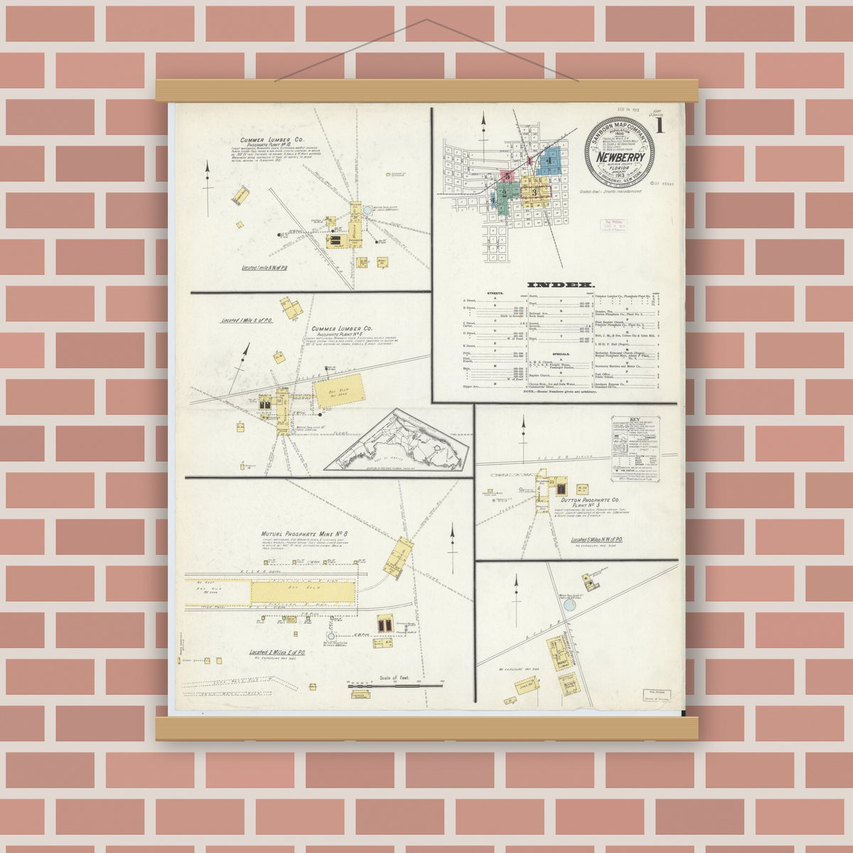 Old map wall art mockup — magnetic wood frame on brick wall — Sanborn Fire Insurance Map from Newberry, Alachua County, Florida (1913) - Complete Map Set