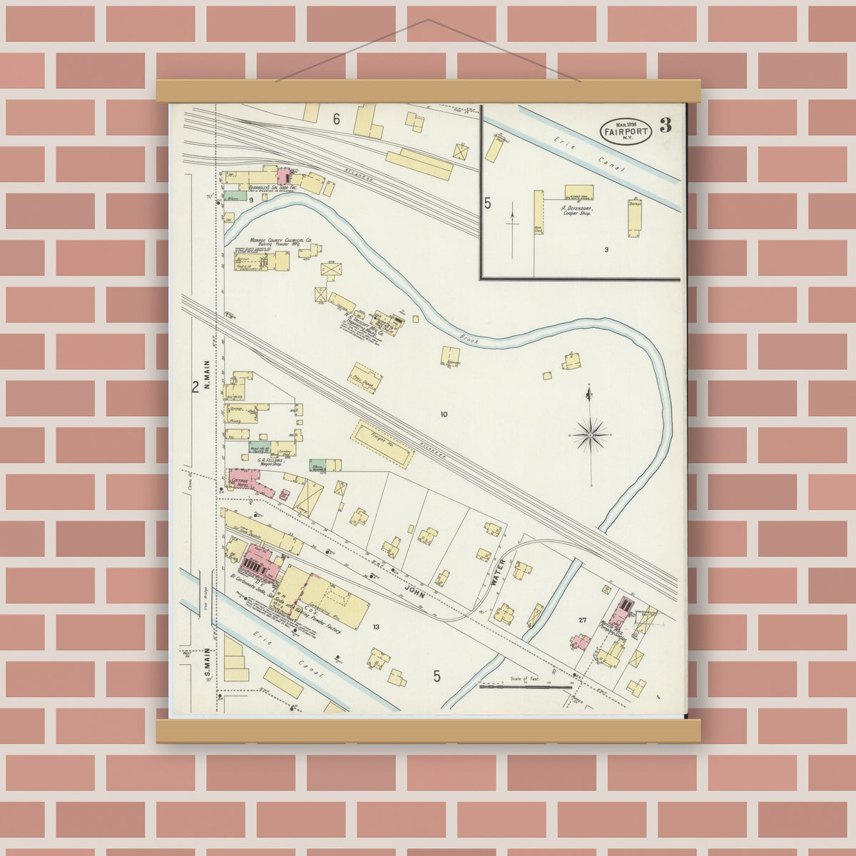 Old map wall art mockup — magnetic wood frame on brick wall — Sanborn Fire Insurance Map from Fairport, Monroe County, New York (1898), Sheet #0003