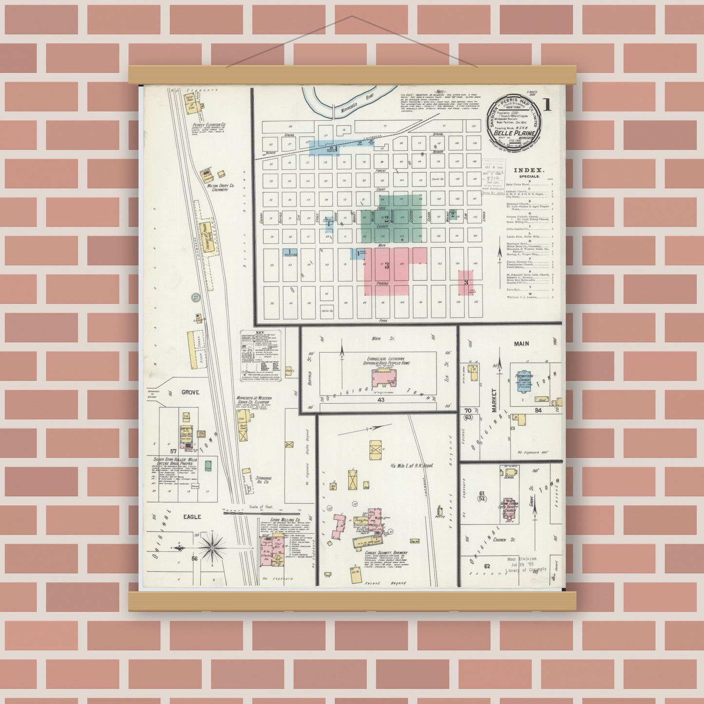 Old map wall art mockup — magnetic wood frame on brick wall — Sanborn Fire Insurance Map from Belle Plaine, Scott County, Minnesota (1900), Sheet #0001