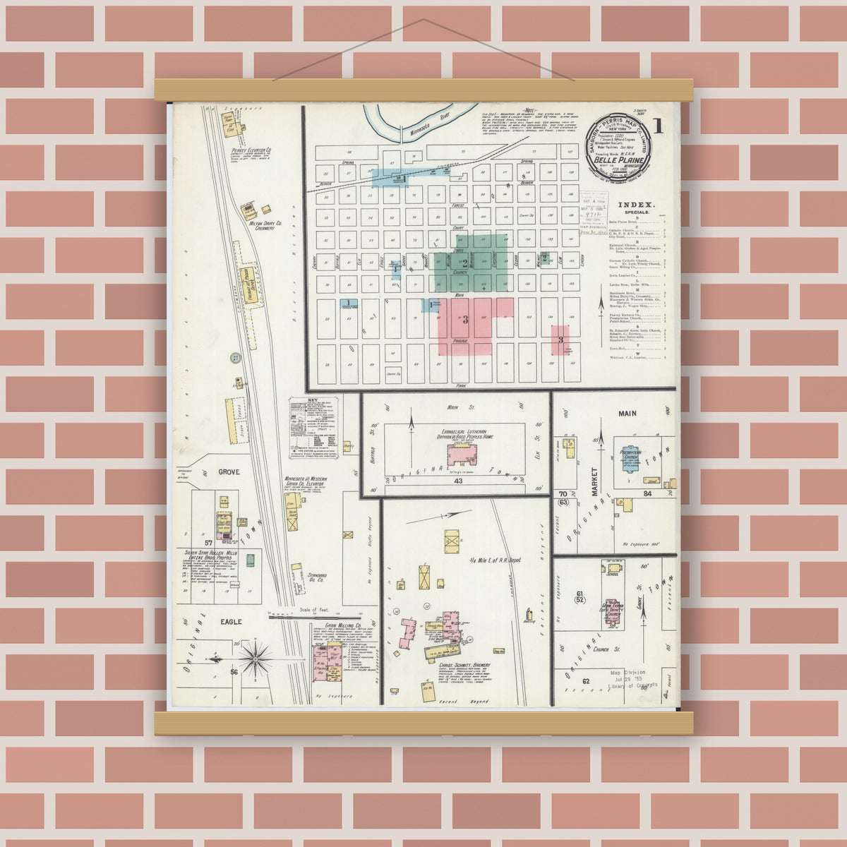 Old map wall art mockup — magnetic wood frame on brick wall — Sanborn Fire Insurance Map from Belle Plaine, Scott County, Minnesota (1900), Sheet #0001