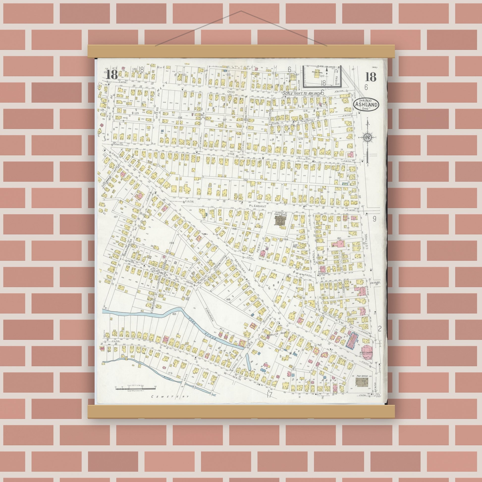 Old map wall art mockup — magnetic wood frame on brick wall — Sanborn Fire Insurance Map from Ashland, Ashland County, Ohio (1930), Sheet #0018