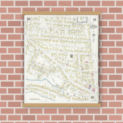 Old map wall art mockup — magnetic wood frame on brick wall — Sanborn Fire Insurance Map from Ashland, Ashland County, Ohio (1930), Sheet #0018