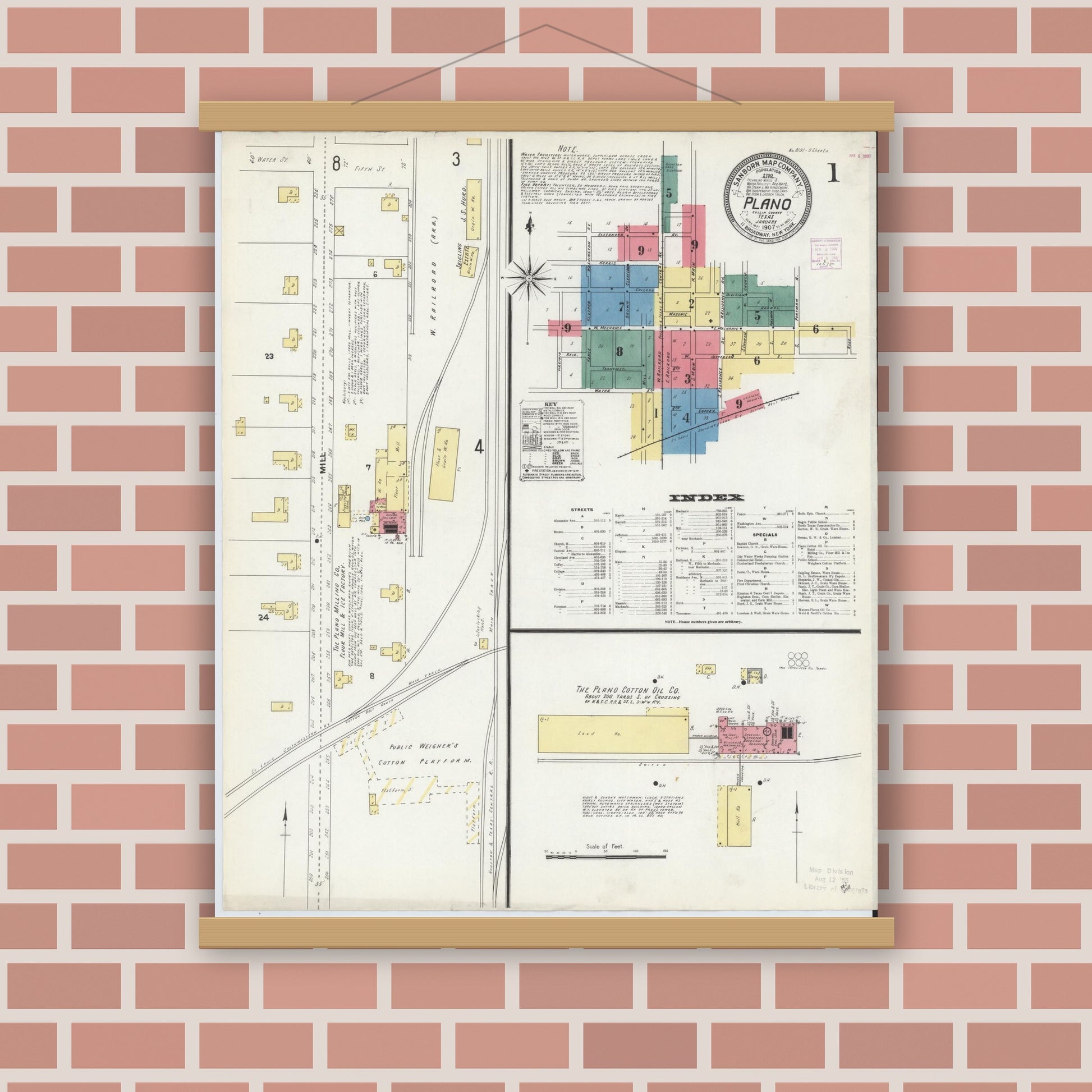 Old map wall art mockup — magnetic wood frame on brick wall — Sanborn Fire Insurance Map from Plano, Collin County, Texas (1907), Sheet #0001