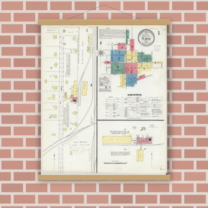 Old map wall art mockup — magnetic wood frame on brick wall — Sanborn Fire Insurance Map from Plano, Collin County, Texas (1907), Sheet #0001
