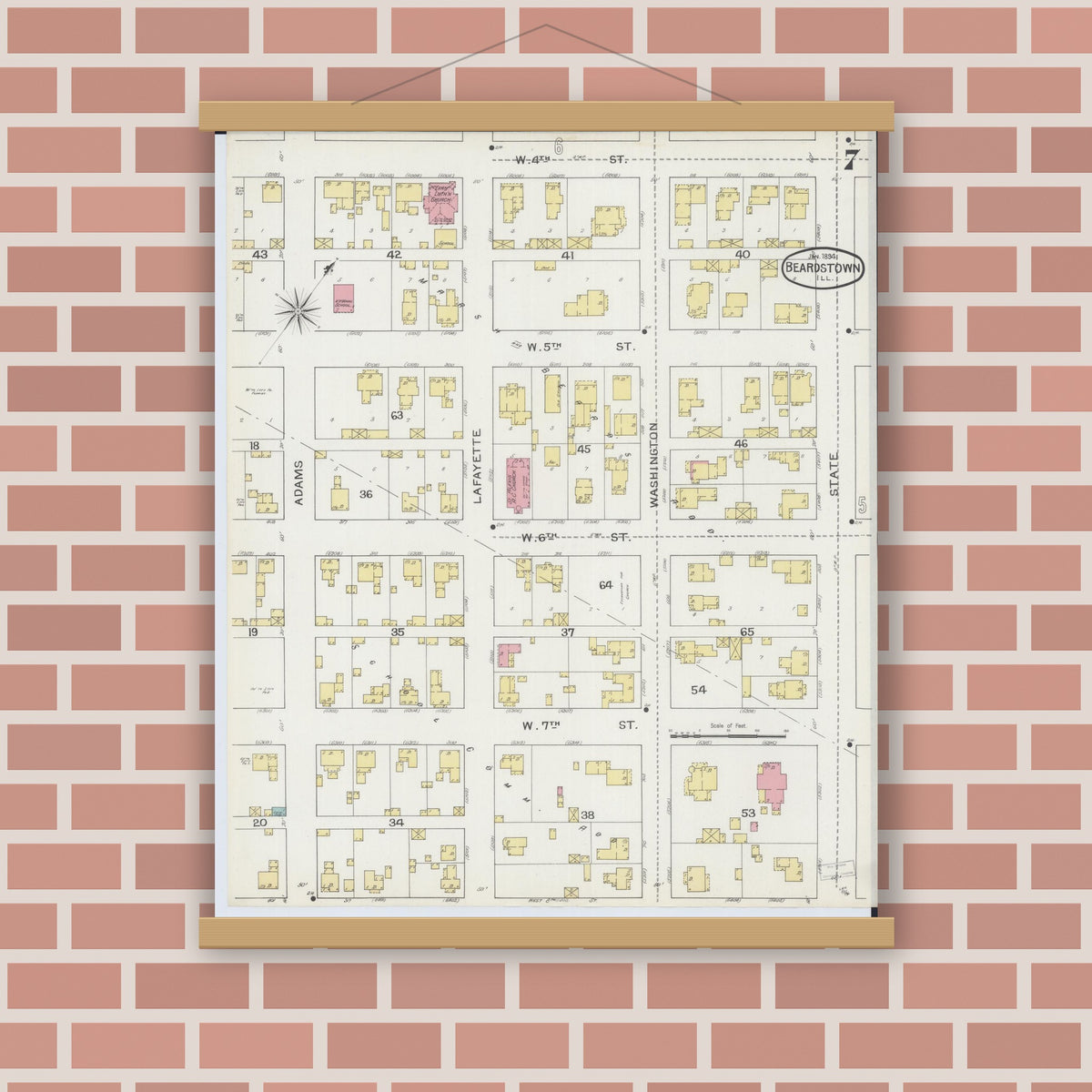 Old map wall art mockup — magnetic wood frame on brick wall — Sanborn Fire Insurance Map from Beardstown, Cass County, Illinois (1894), Sheet #0007