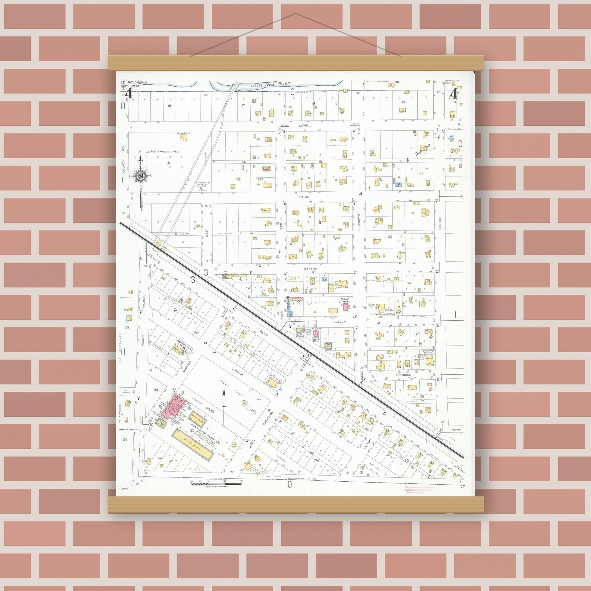Old map wall art mockup — magnetic wood frame on brick wall — Sanborn Fire Insurance Map from Le Roy, Mower County, Minnesota (1948), Sheet #0004