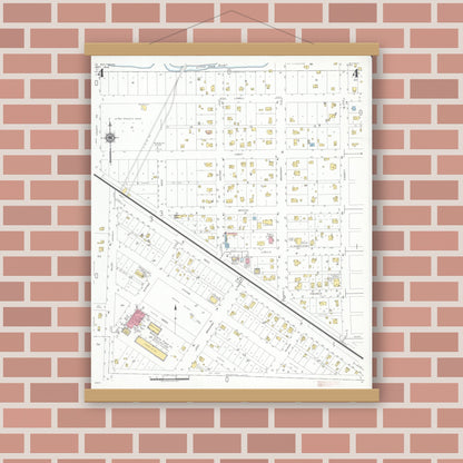 Old map wall art mockup — magnetic wood frame on brick wall — Sanborn Fire Insurance Map from Le Roy, Mower County, Minnesota (1948), Sheet #0004