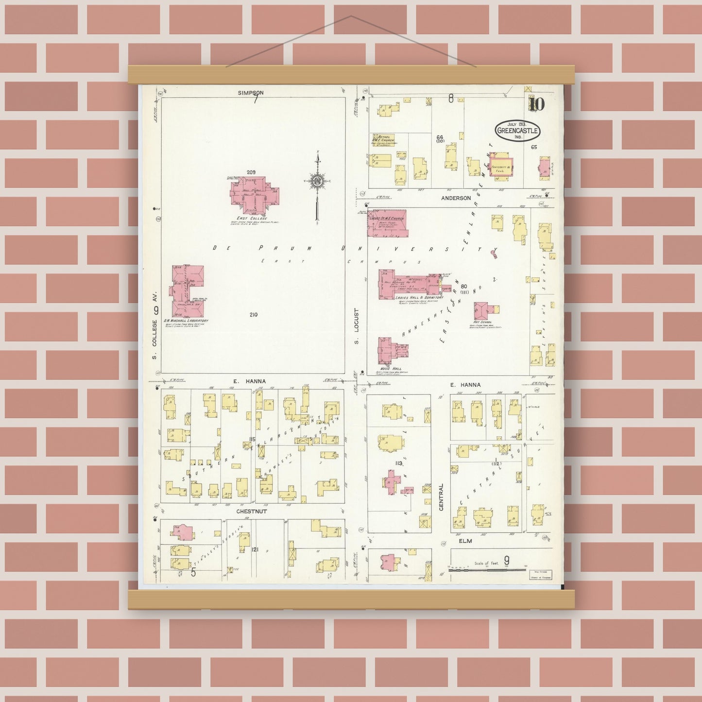 Old map wall art mockup — magnetic wood frame on brick wall — Sanborn Fire Insurance Map from Greencastle, Putnam County, Indiana (1913), Sheet #0010