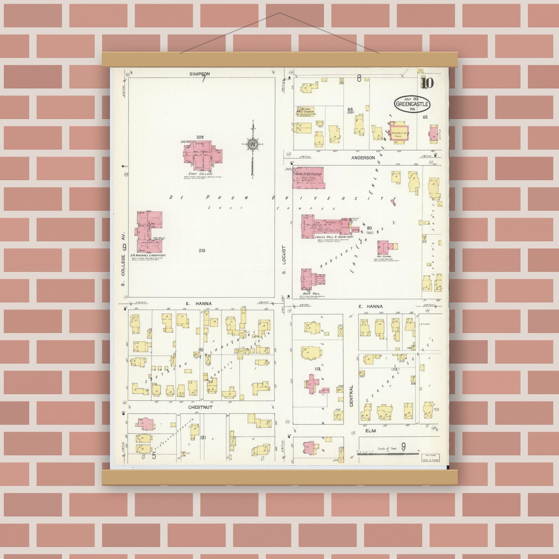 Old map wall art mockup — magnetic wood frame on brick wall — Sanborn Fire Insurance Map from Greencastle, Putnam County, Indiana (1913), Sheet #0010