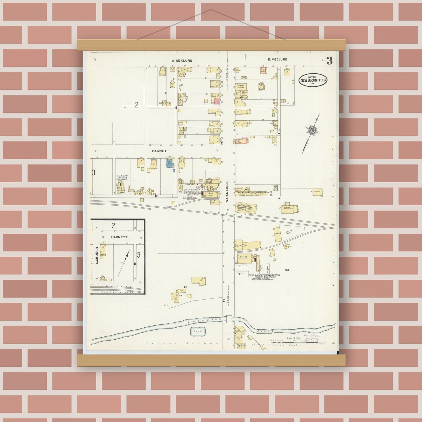 Old map wall art mockup — magnetic wood frame on brick wall — Sanborn Fire Insurance Map from New Bloomfield, Perry County, Pennsylvania (1911), Sheet #0003