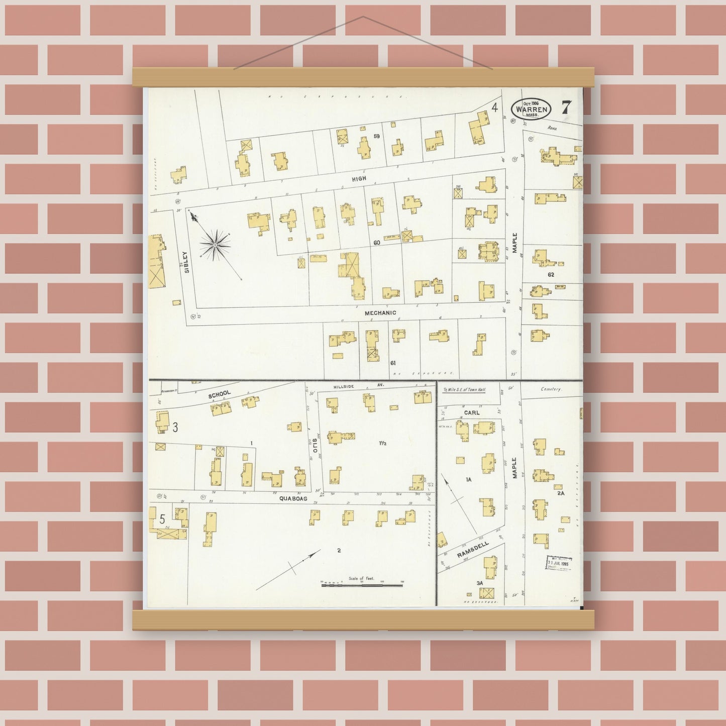 Old map wall art mockup — magnetic wood frame on brick wall — Sanborn Fire Insurance Map from Warren, Worcester County, Massachusetts (1906), Sheet #0007