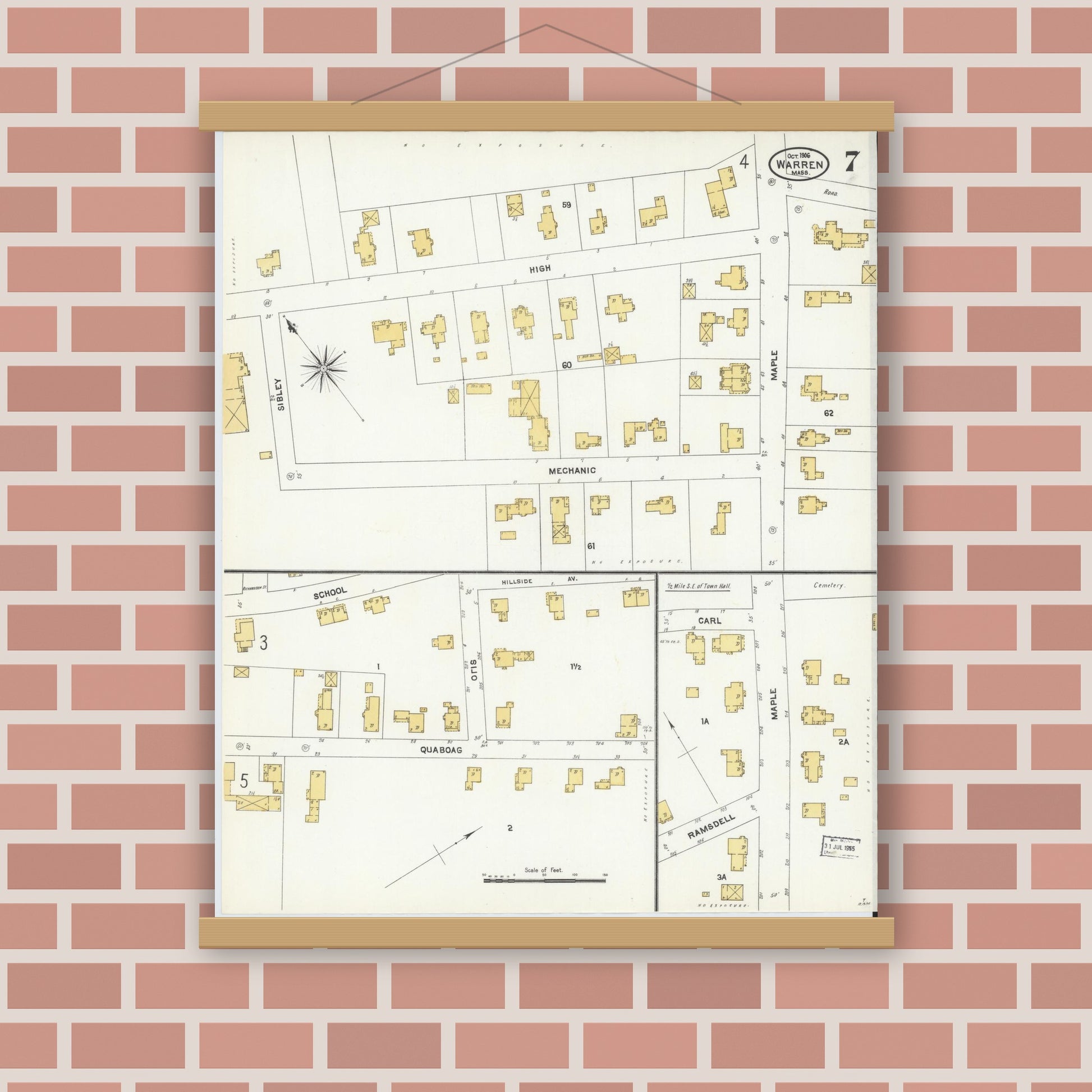 Old map wall art mockup — magnetic wood frame on brick wall — Sanborn Fire Insurance Map from Warren, Worcester County, Massachusetts (1906), Sheet #0007