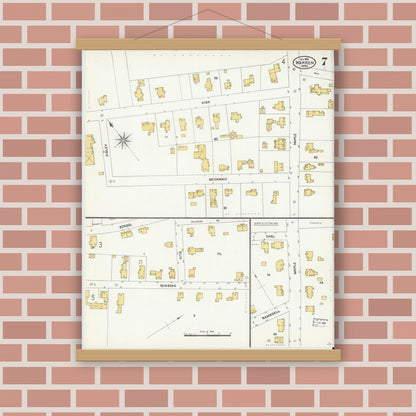 Old map wall art mockup — magnetic wood frame on brick wall — Sanborn Fire Insurance Map from Warren, Worcester County, Massachusetts (1906), Sheet #0007